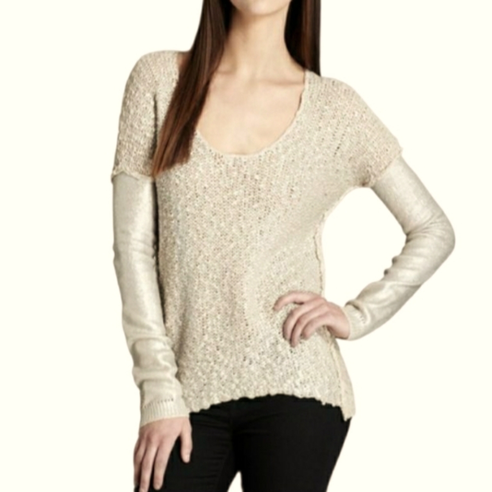 Rebecca Taylor Sz S Posh Sleek Metallic overlay Open Chunky Knit Sweater